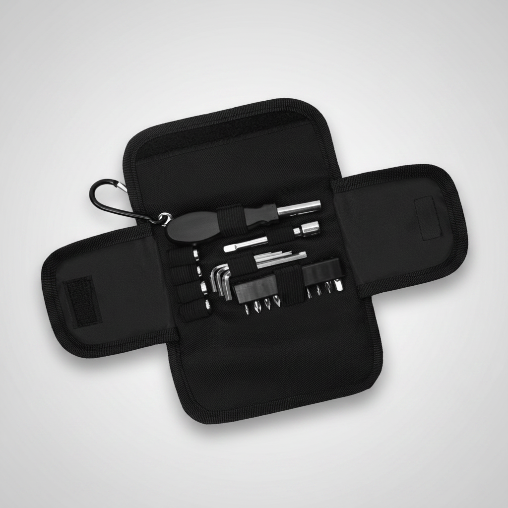 Set de herramientas de 19 piezas con destornillador multipunta, llaves Allen, llaves tubo y estuche con cierre de velcro. Personalizable con logo corporativo.