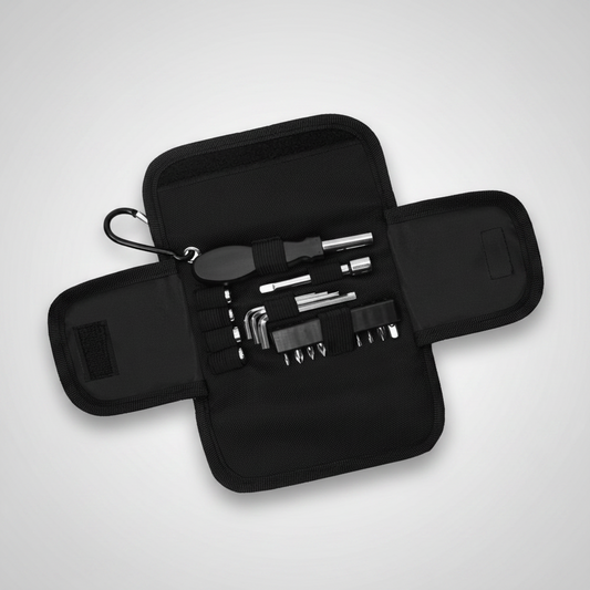 Set de herramientas de 19 piezas con destornillador multipunta, llaves Allen, llaves tubo y estuche con cierre de velcro. Personalizable con logo corporativo.