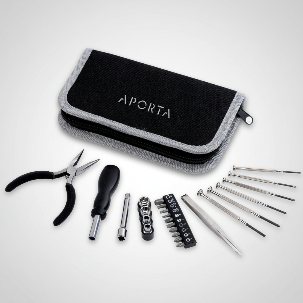 Set de herramientas de 24 piezas en estuche negro con cierre. Incluye destornilladores, pinzas y accesorios esenciales. Personalizable con logo corporativo.
