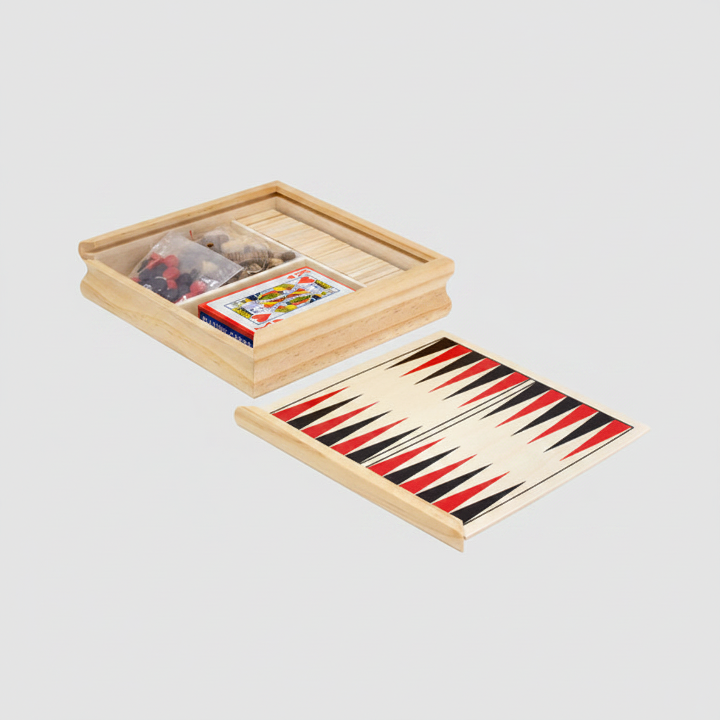 Set de entretenimiento con ajedrez, dominó, cartas, damas y backgammon en caja de madera. Presentación premium con tarjeta personalizada y logo corporativo.
