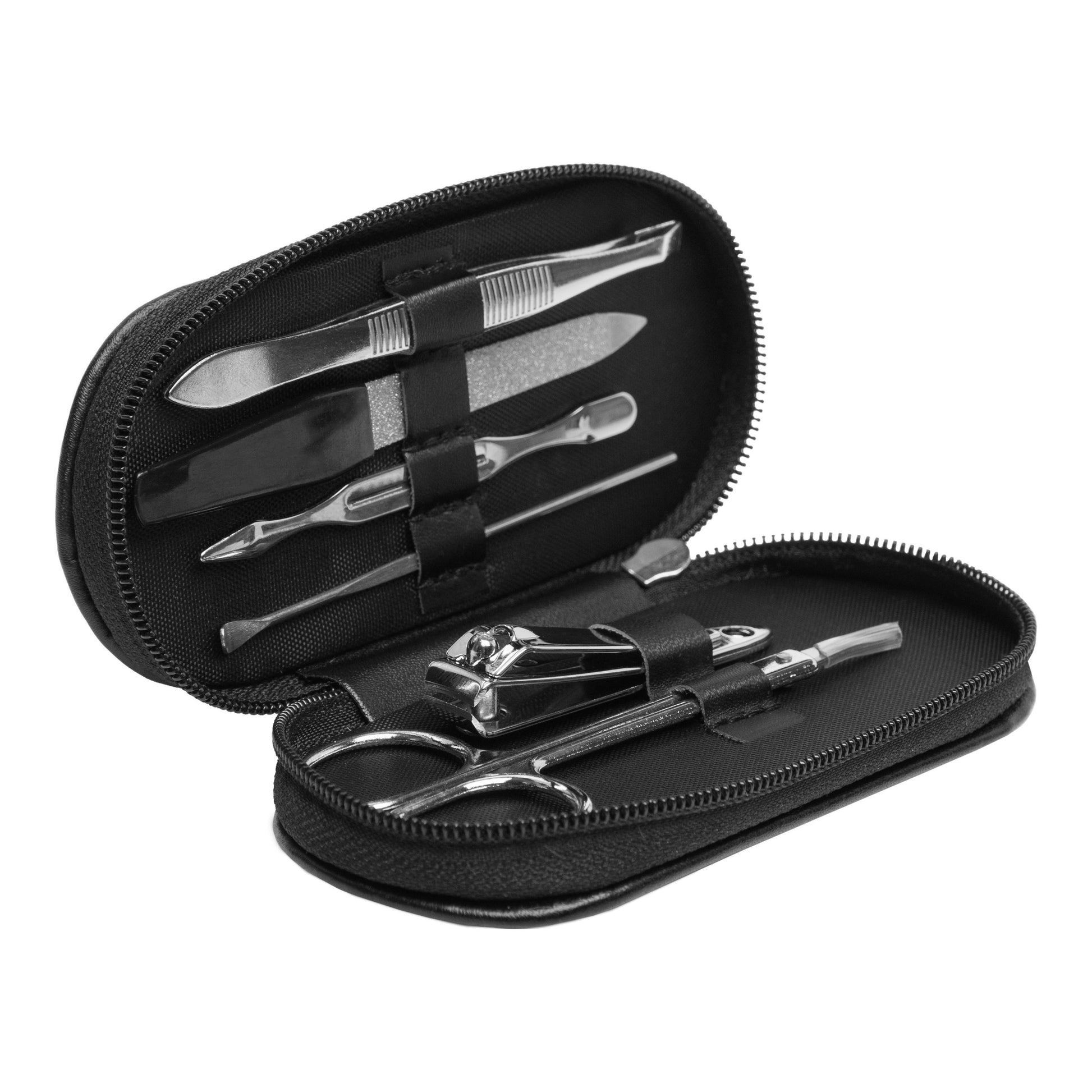 Set de manicura personalizado con logo impreso. Incluye estuche con cierre, tijera, alicate, lima metálica, pinza y accesorios. Ideal para regalos corporativos y merchandising promocional.