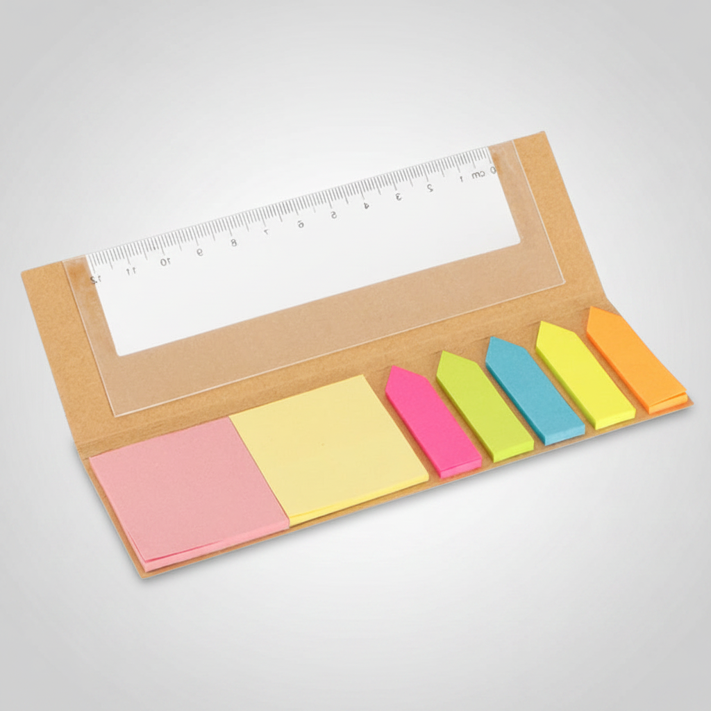 Memo Set Ecológico con Regla 12 cm, incluye notas adhesivas cuadradas en 2 colores y banderitas adhesivas en 5 colores. Pedido mínimo: 200 unidades.