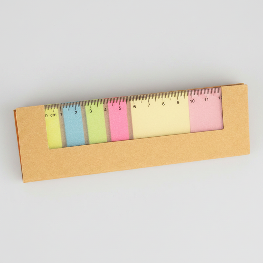 Memo Set Ecológico con Regla 12 cm, incluye notas adhesivas cuadradas en 2 colores y banderitas adhesivas en 5 colores. Pedido mínimo: 200 unidades.