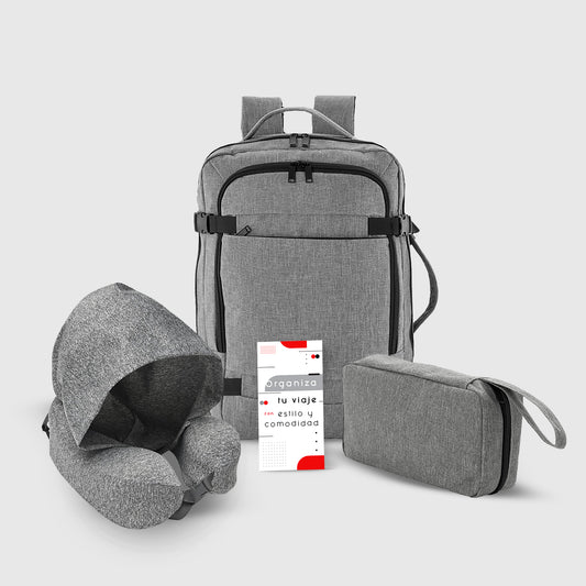 Pack Business Travel con mochila carry on 20L, portanotebook 17", necessaire y almohada cervical. Regalo corporativo con logo para el Día del Trabajador. ¡Cotiza!