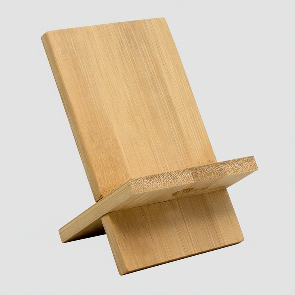 Soporte de escritorio para celular. 14 x 8 x 0.8 cm. Bambú. Cuenta con orificio que permite el paso del cable para facilitar la carga del dispositivo. Práctico y transportable. Logo grabado o impreso.