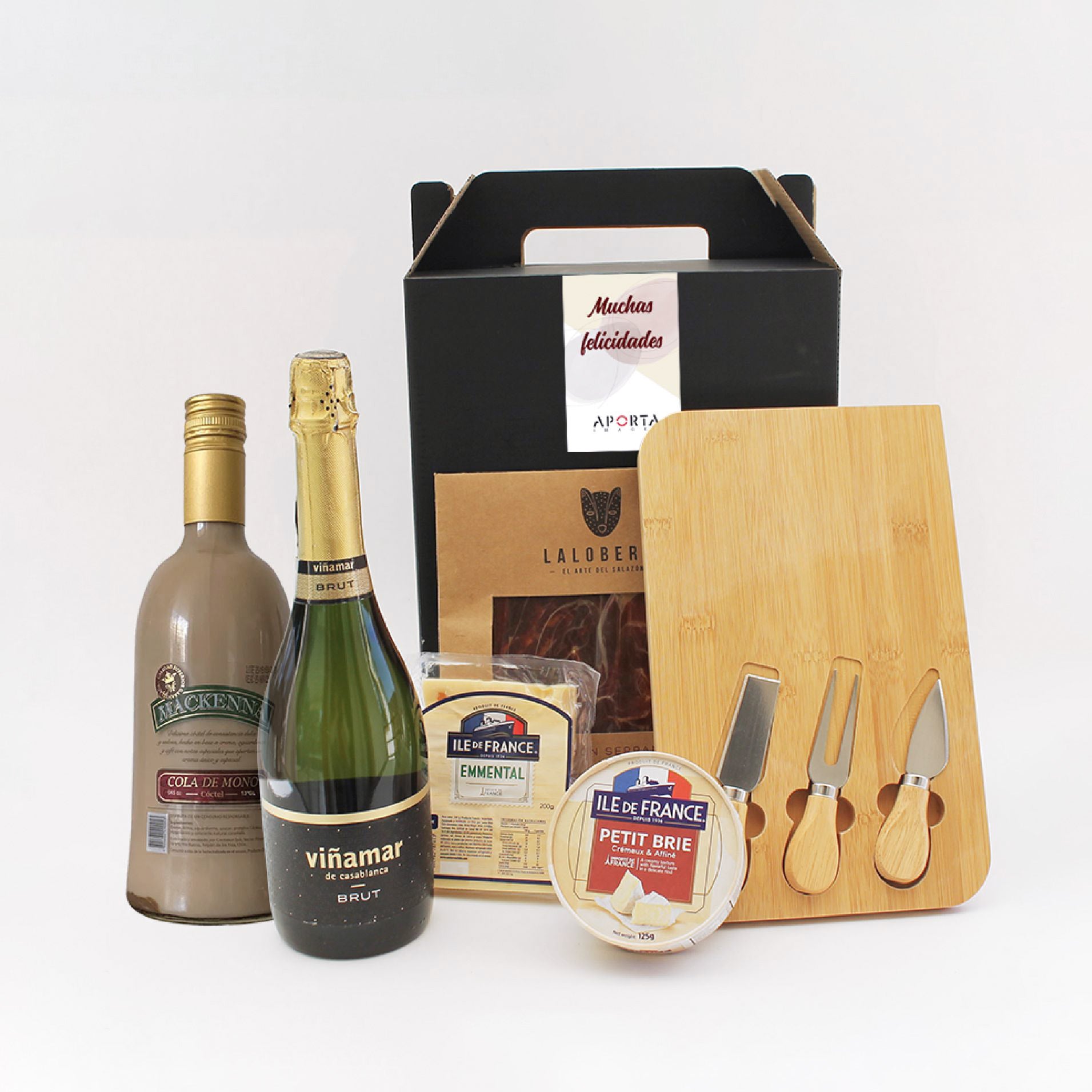 Tabla de bambú 29,8x18,7cm con utensilios, espumante Viña Mar, cola de mono Mackenna, quesos y jamón serrano. En caja kraft con logo. Regalo corporativo.