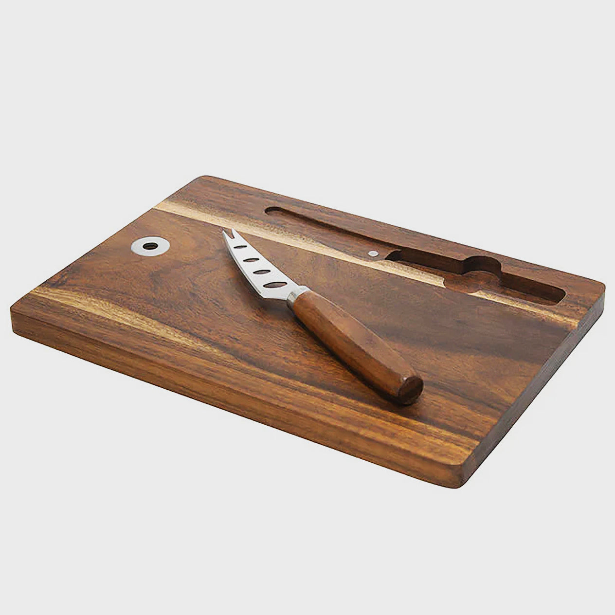 Tabla de quesos de acacia 24,5x17,2cm con cuchillo de acero inoxidable y mango de madera. Presentación en bolsa personalizada. Regalo corporativo. Mín. 50 uds.