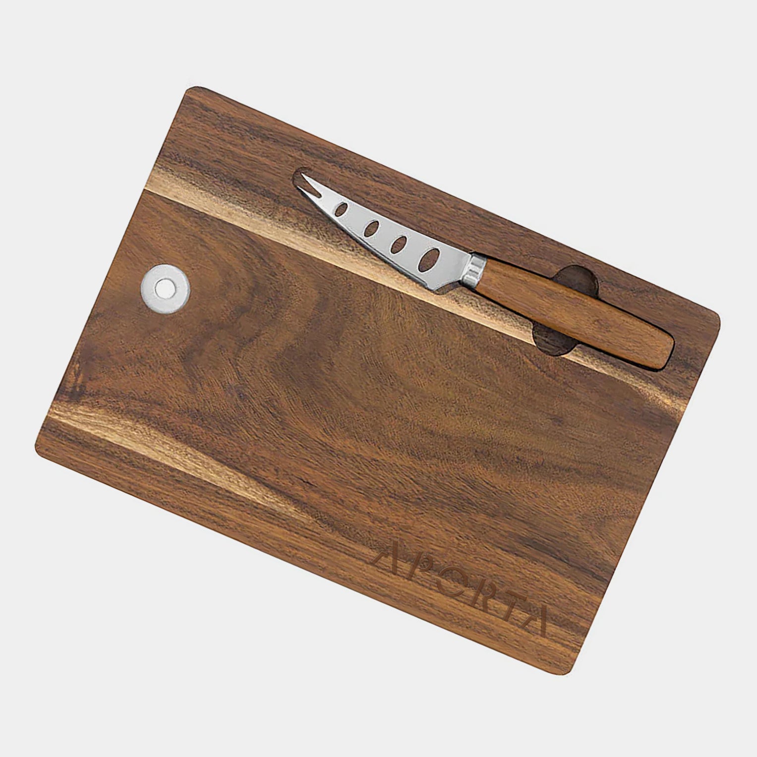 Tabla de quesos de acacia 24,5x17,2cm con cuchillo de acero inoxidable y mango de madera. Presentación en bolsa personalizada. Regalo corporativo. Mín. 50 uds.