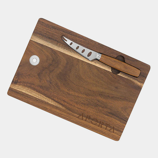 Tabla de quesos de acacia 24,5x17,2cm con cuchillo de acero inoxidable y mango de madera. Presentación en bolsa personalizada. Regalo corporativo. Mín. 50 uds.