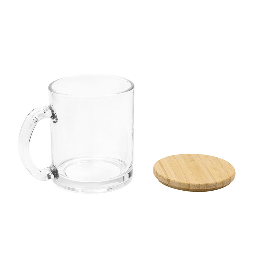 Taza de vidrio 350ml con tapa de bambú barnizado. Ideal para merchandising corporativo con logo impreso o grabado. Mínimo 100 unidades.