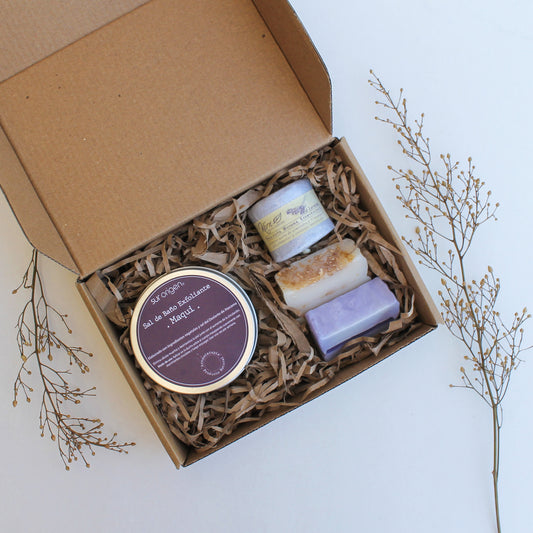 Regala un momento de spa con nuestro kit de jabones naturales, bombas efervescentes y sales exfoliantes. Regalo corporativo para el Día de la Mujer en caja kraft con banda personalizada. ¡Aromas que enamoran!"