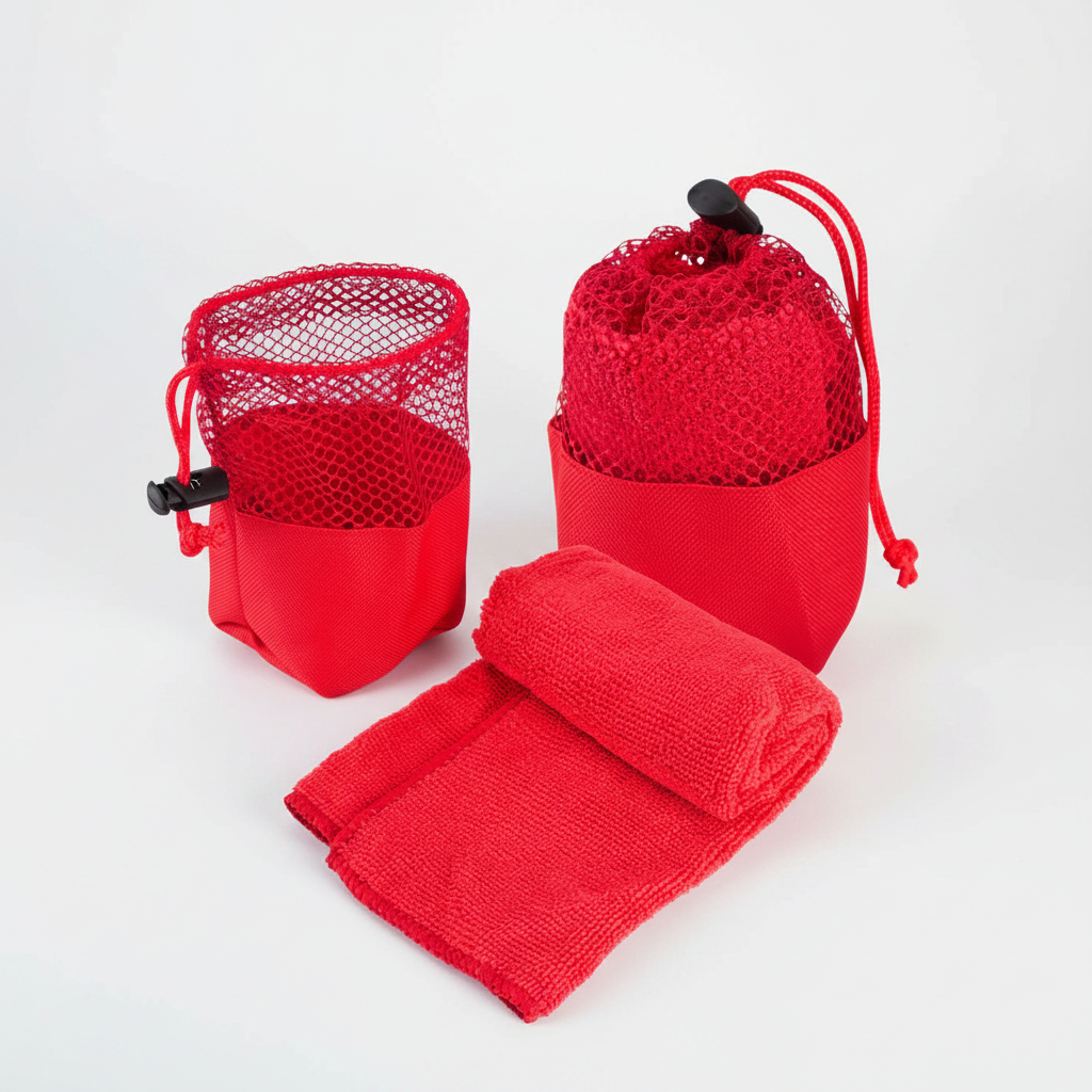 Toalla facial de microfibra personalizada con logo impreso. Incluye bolso de poliéster con malla, liviana y fácil de transportar. Cotiza con nosotros!