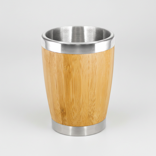 Vaso de madera de bambú 350cc con interior de acero inoxidable. Ecológico y sustentable. Logo impreso o grabado. Mínimo 100 unidades.